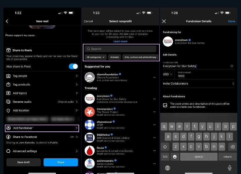 instagram reel add fundraiser