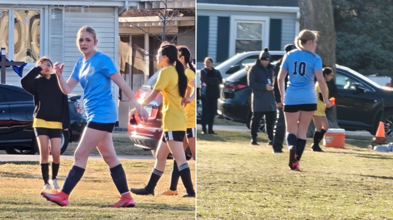 Two photos of a woman playing soccer