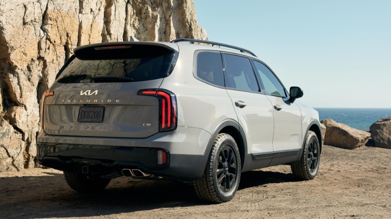 Rear 3/4 view of a gray 2024 Kia Telluride near a cliff