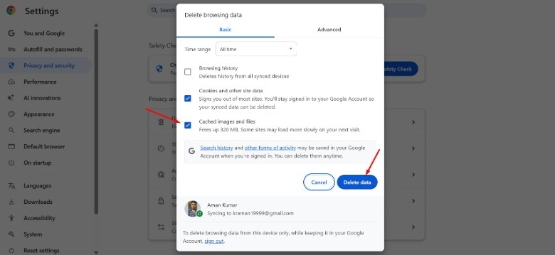 Instruksi untuk menghapus data cache chrome.