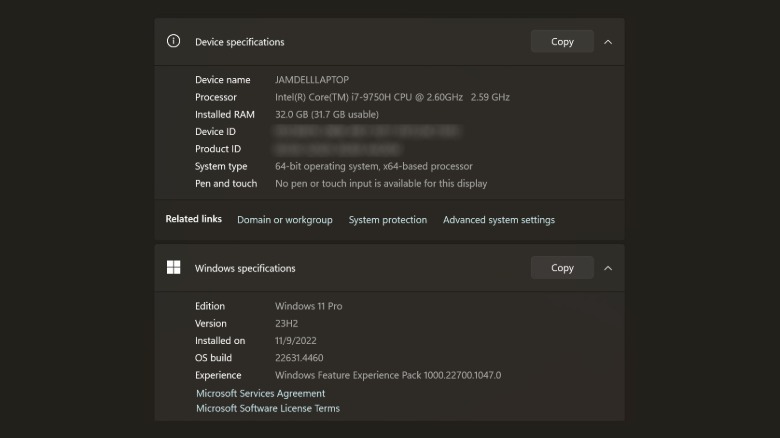 Windows laptop's Settings app showing About page details