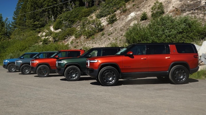 2025 Rivian Gen 2 Quad-Motor lineup with off-road wheels and tires