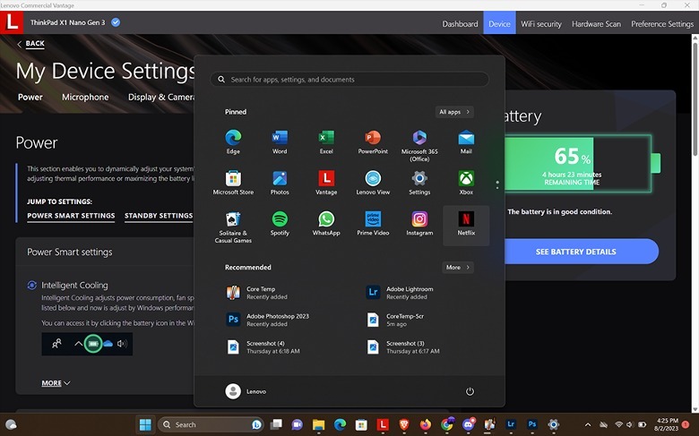 Screenshot of Windows 11 menu open on Lenovo ThinkPad X1 Nano Gen 3