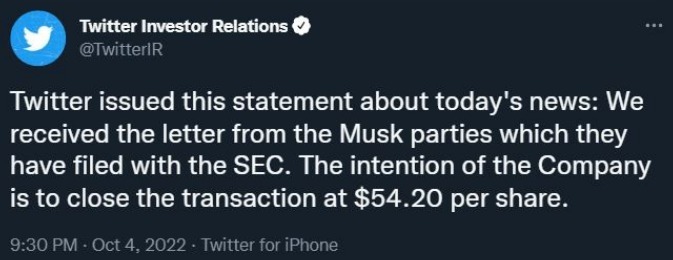 Twitter Investor Relations tweet