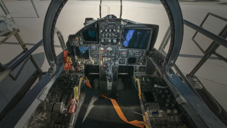 Top down view of the F-15 Eagle cockpit controls and windscreen