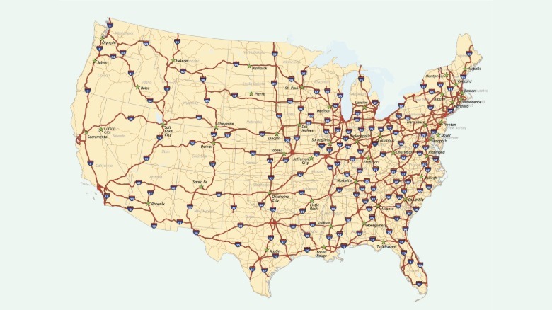 A map of the United States of America showing the interstate system