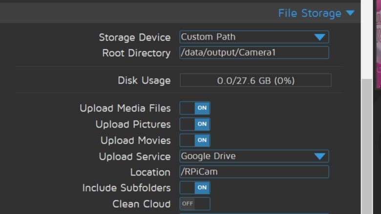 motionEyeOS file storage settings