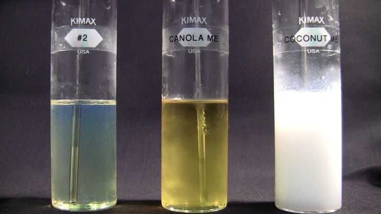Three glass vials of different types of diesel