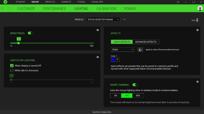 Menu Razer Synapse Lighting