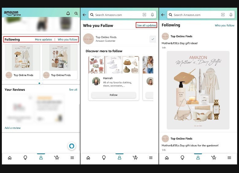 Amazon shopping app following page