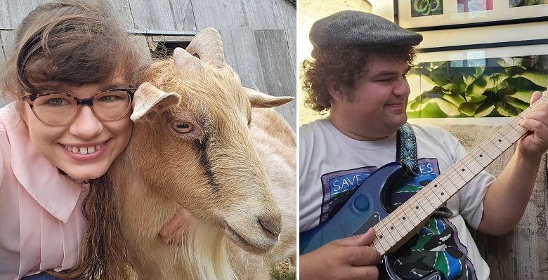 Mulher com cabra e homem com guitarra