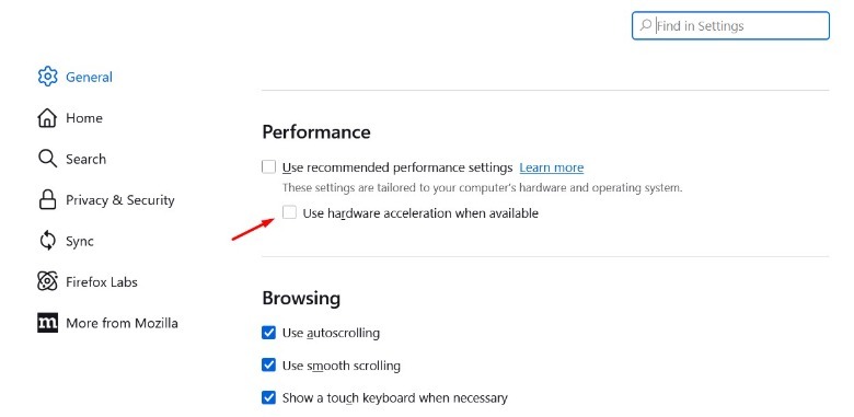 Gunakan akselarasi perangkat keras bila tersedia sakelar di Firefox.