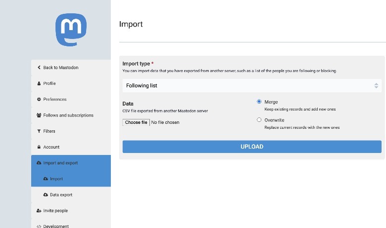 Importing contact file to Mastodon.