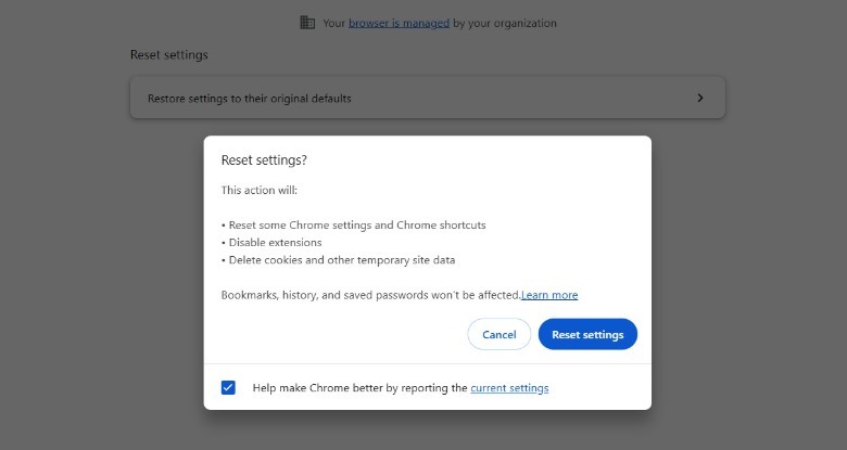 Reset settings pop-up window in Google Chrome.