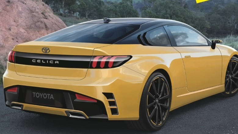 The back of a parked yellow 2026 Toyota Celica