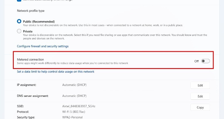Windows network settings metered connection