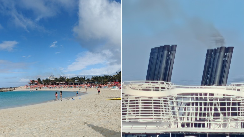 Photos of a beach and smoke stacks