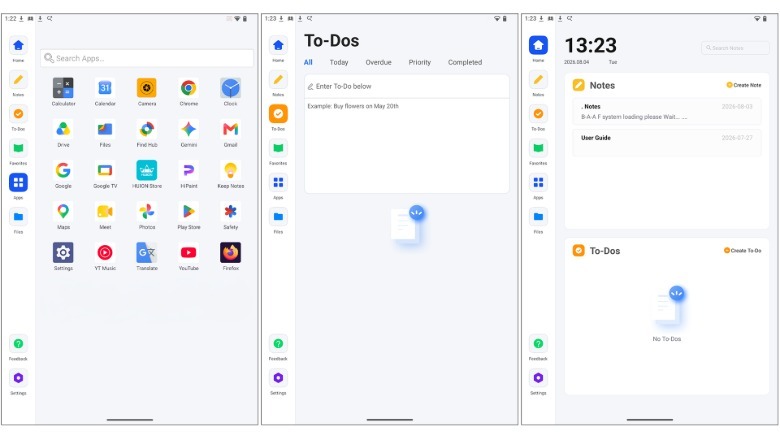 Three screens showing the various tools of the Huion Note E