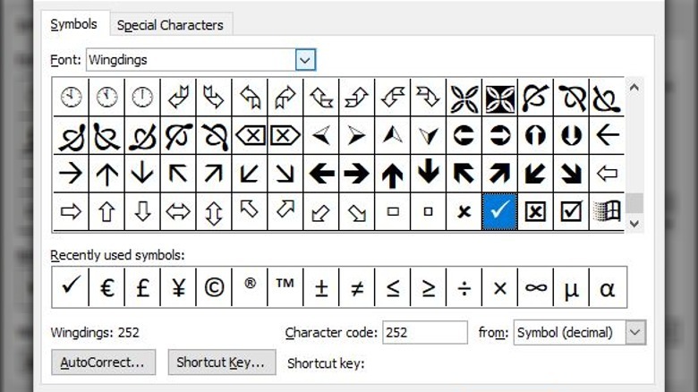 Microsoft Word symbols menu