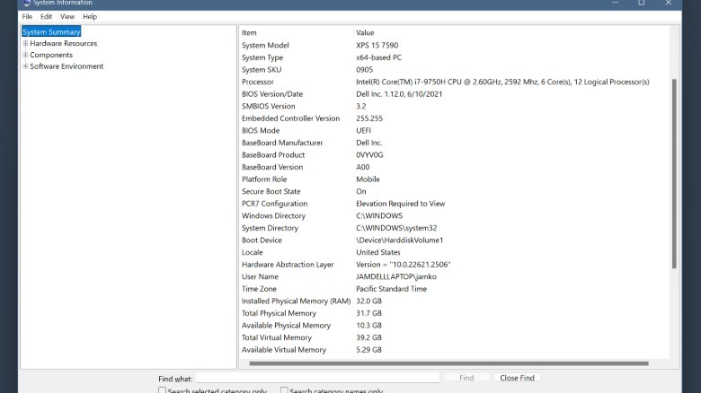 Windows computer System Information page showing tech specifications