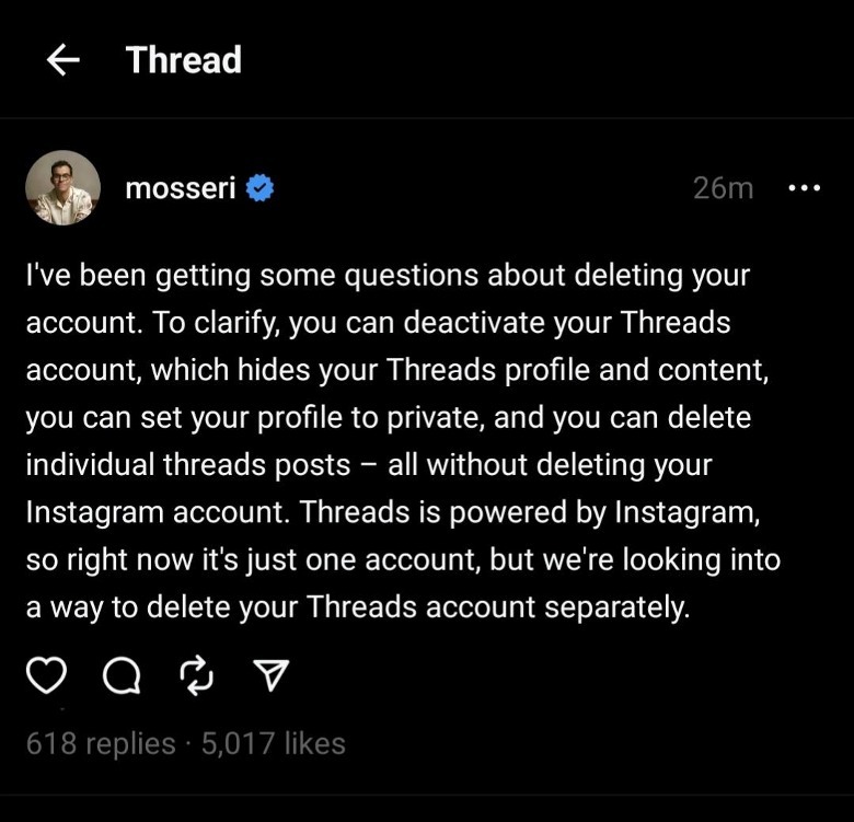 Adam Mosseri Threads post screenshot