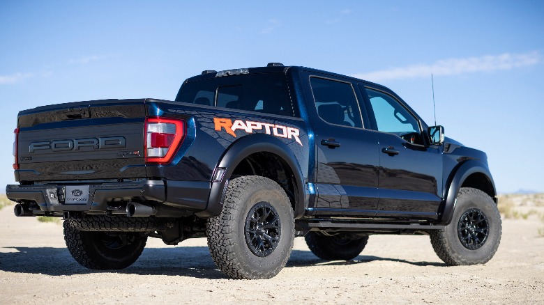 Ford F-150 Raptor R rear profile in blue.