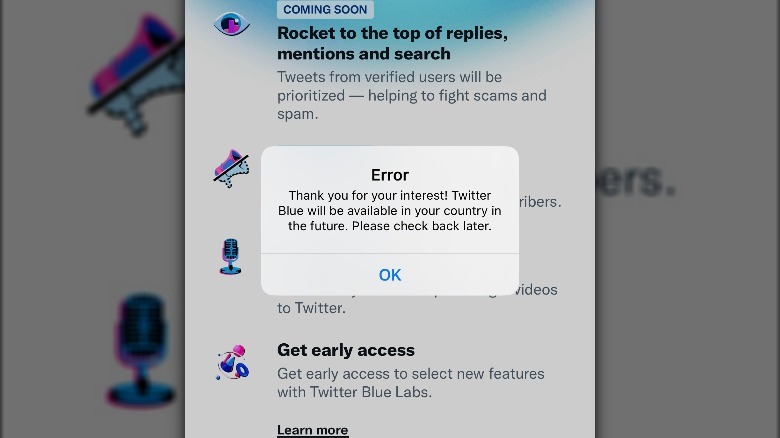 Screenshot showing Twitter Blue error message