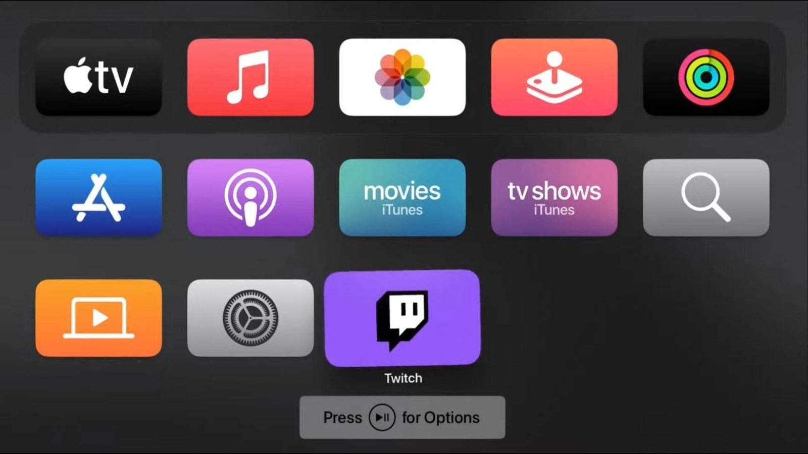 Opções de aplicativos da Apple TV