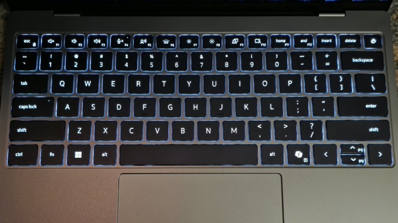 The Dell XPS 13 keyboard showing the keys as they're backlit by LEDs