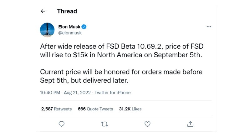 Elon Musk FSD Beta 10.69 update pricing tweet