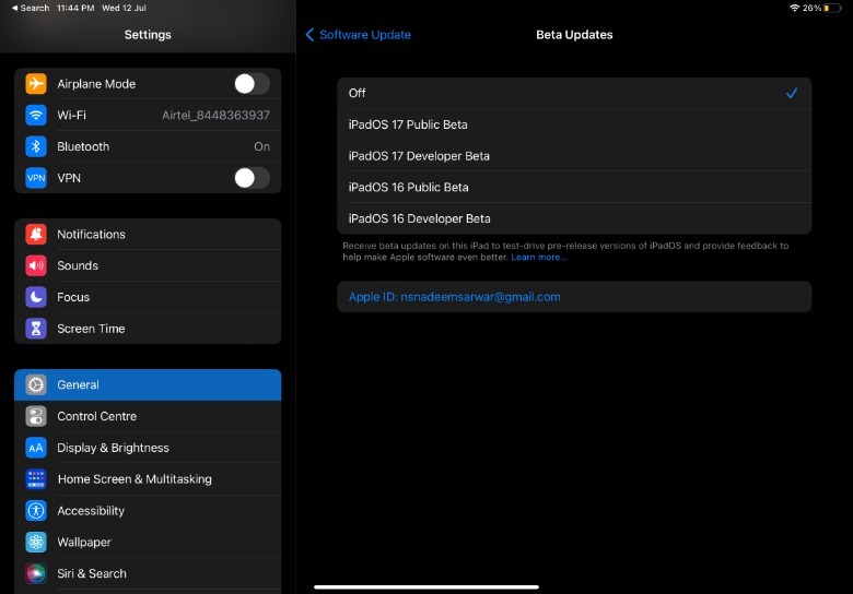 iPadOS update option