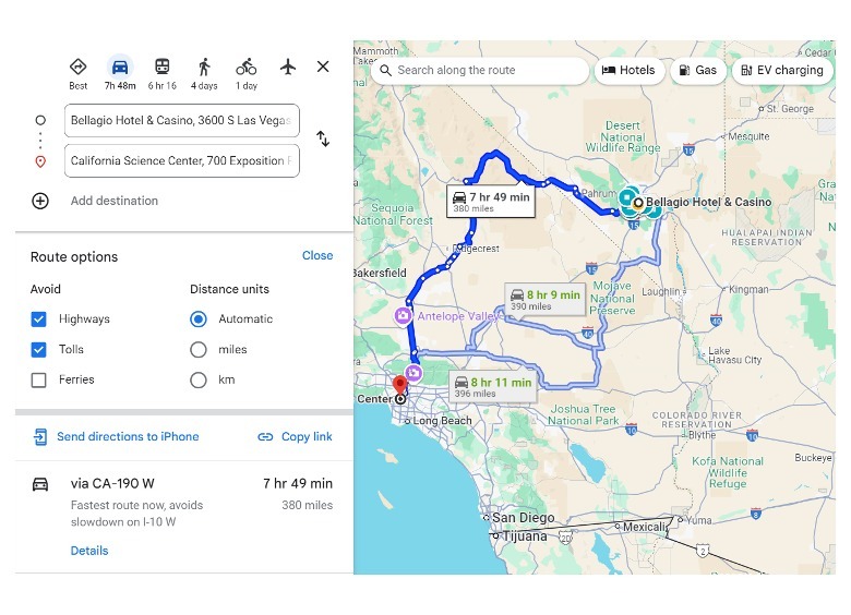 Google Maps route options panel