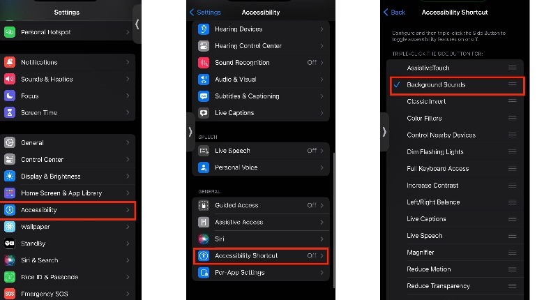 Configuración de acceso directo de accesibilidad a sonidos de fondo