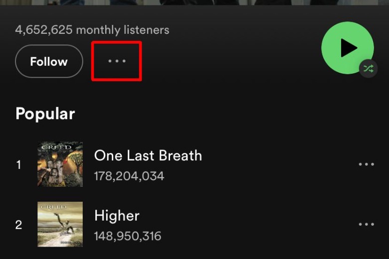 Spotify artist menu icon