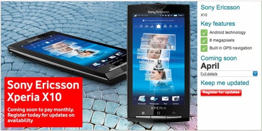 Sony Ericsson X10 pre-order up on Vodafone