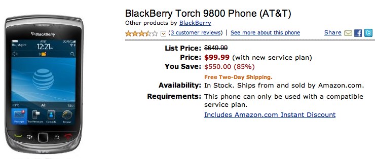 BlackBerry Torch half-price at Amazon