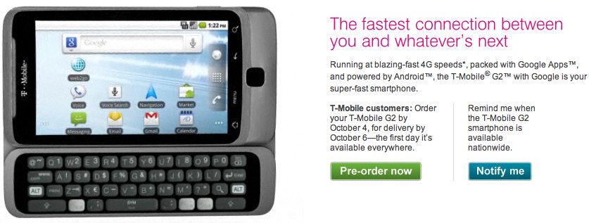 T-Mobile G2 goes up for pre-order