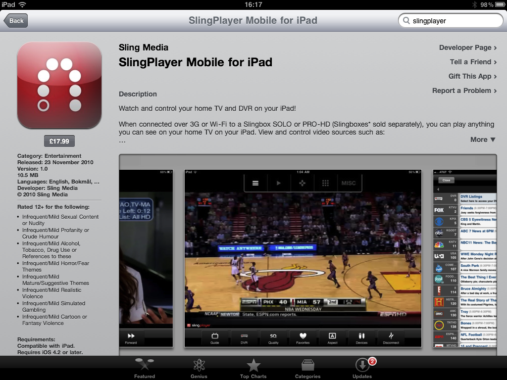 SlingPlayer Mobile for iPad released [UPDATE ONLY works with Slingbox