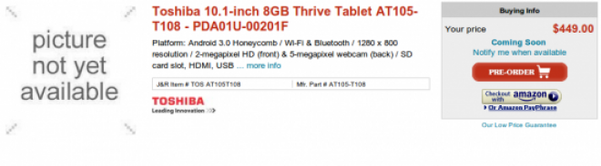 Toshiba ‘Thrive’ Honeycomb Tablet Pricing Revealed?