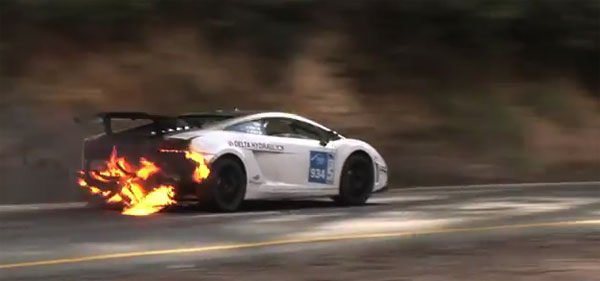 Balls-o-steel race driver and navigator win race with Lamborghini on fire