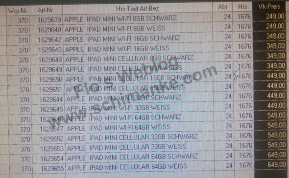 iPad Mini pricing appears in German retailer’s internal listing