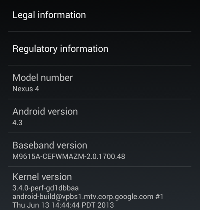 Android 4.3 leaks for Nexus 4