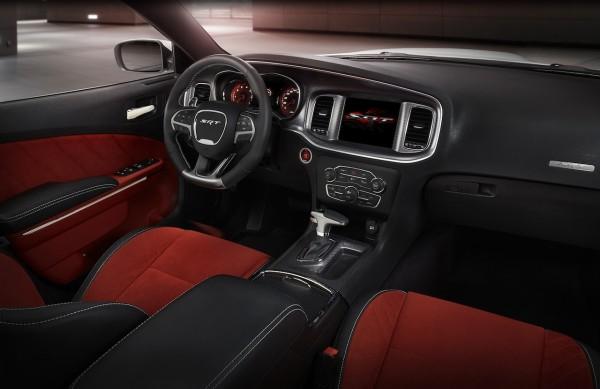 2015 Dodge Charger SRT Hellcat (shown in Ruby Red Alcantara suede/black leather) – passenger seat view