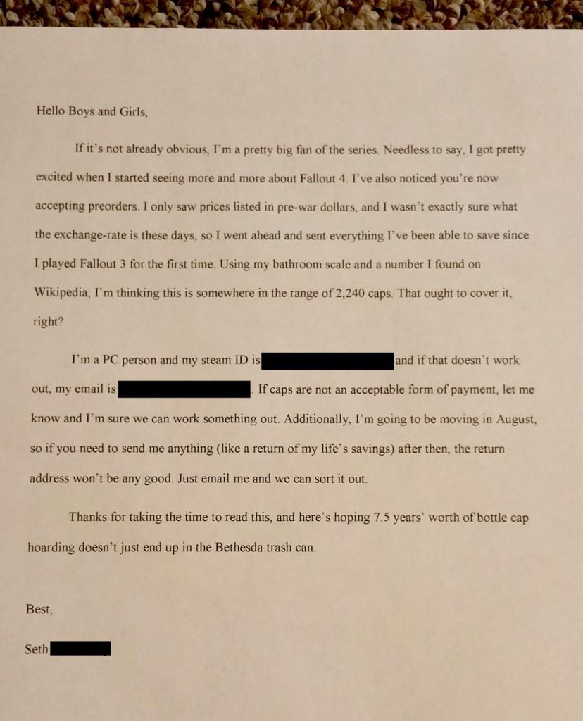 Dedicated Fallout fan tries to preorder Fallout 4 with over 2,000 bottle caps