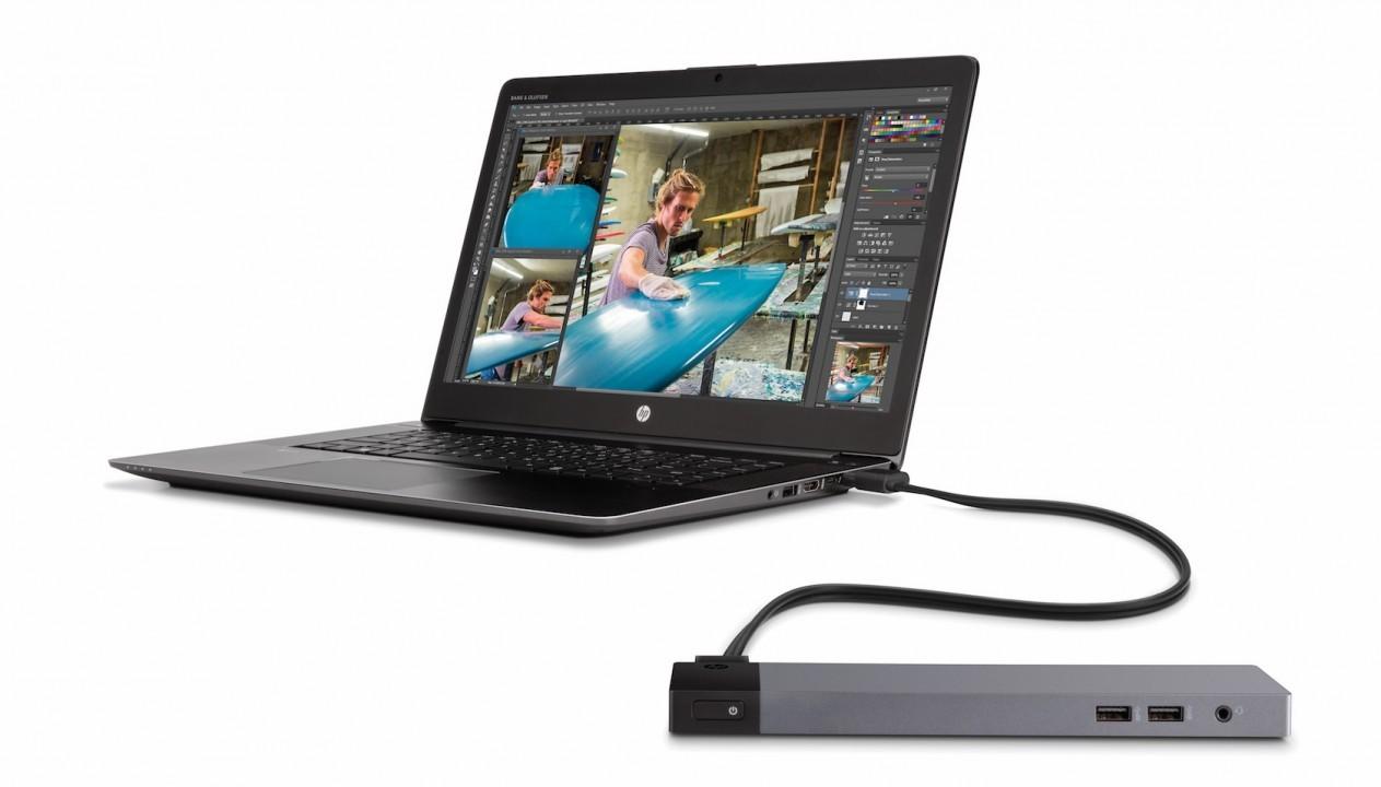 HP ZBook Dock with Thunderbolt 3, connected to HP ZBook Studio 15