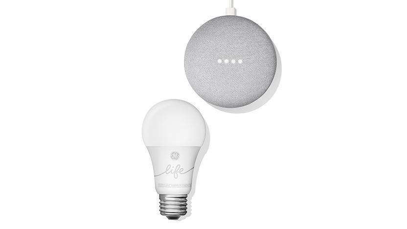 google home mini and light bulb