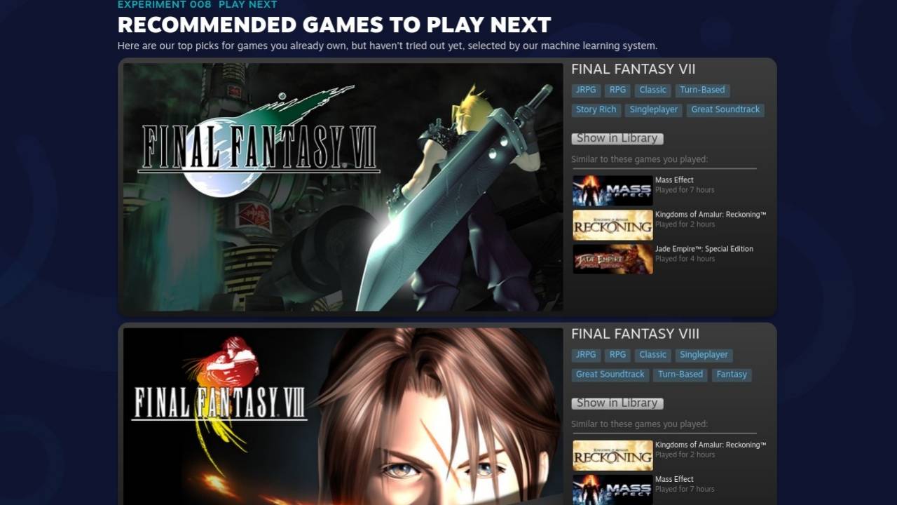 Steam Labs Experiment 008 recommends what you should play next