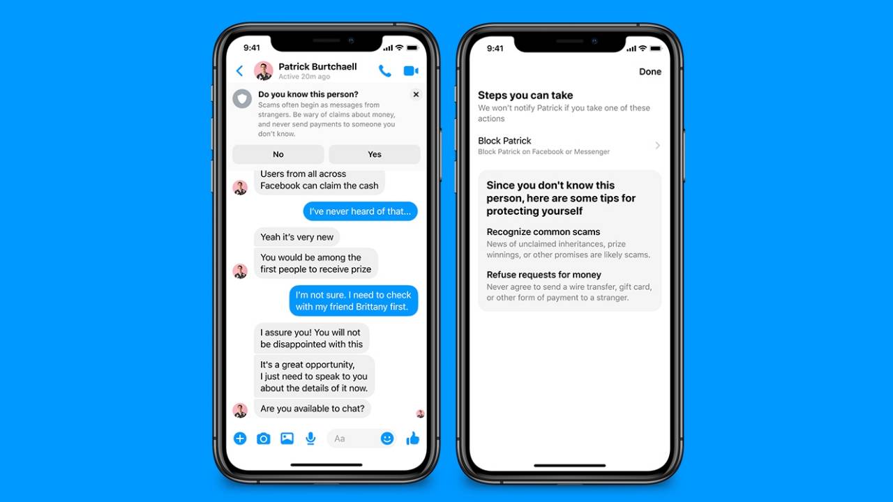Facebook Messenger Safety Notices will warn you of scams, suspicious people