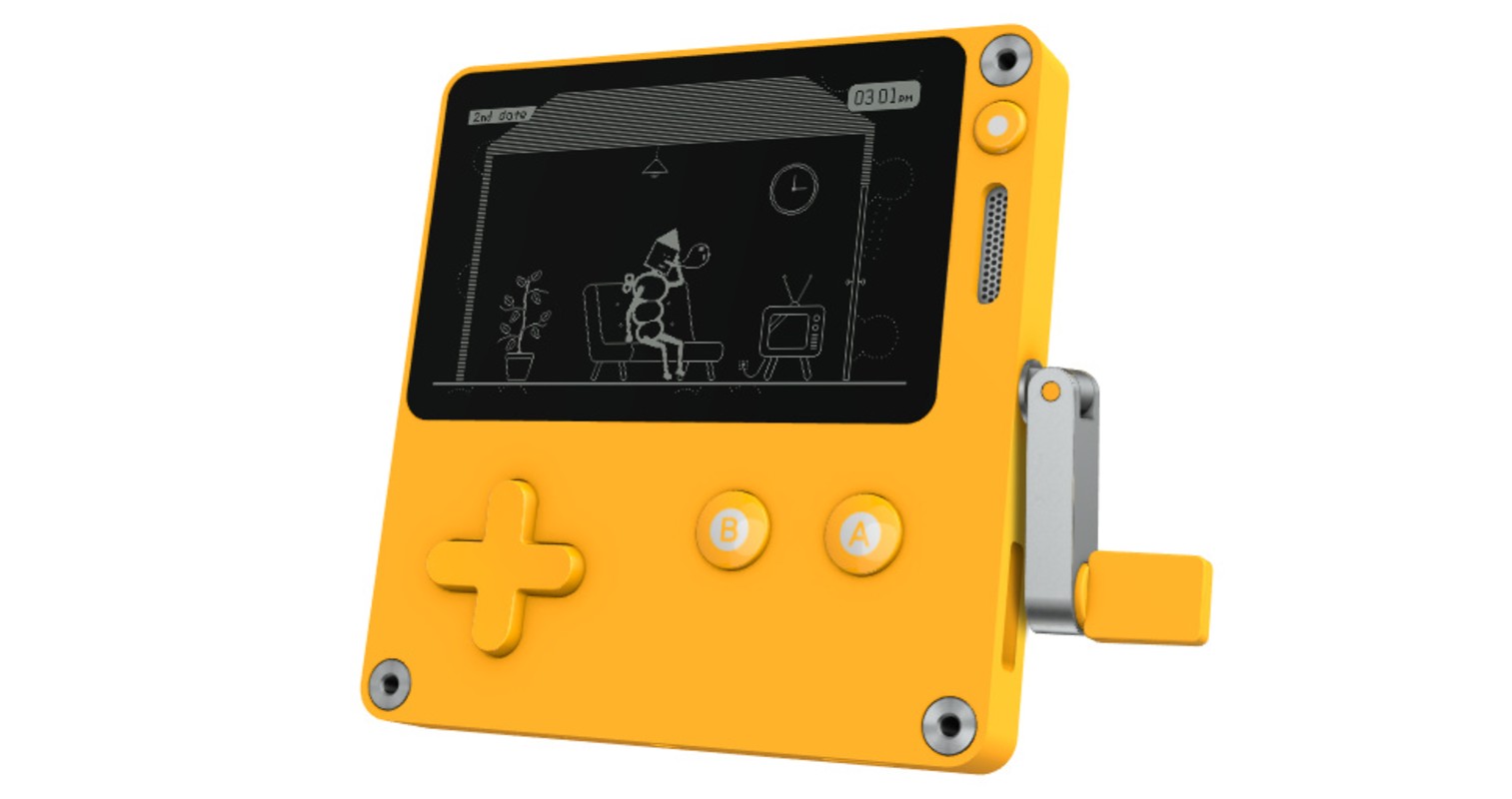 Playdate mini console with hand crank hit with pandemic 