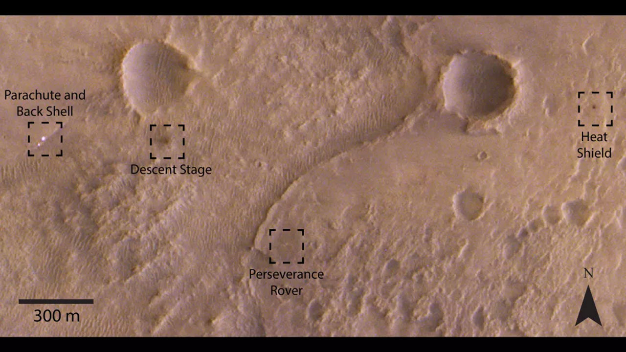 ExoMars Trace Gas Orbiter snaps an image of Perseverance and its trash